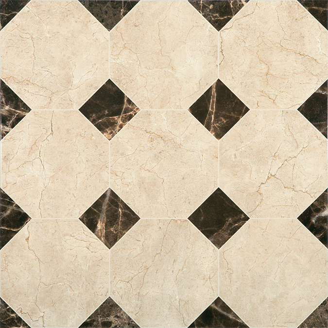 Victorian Chequered Gloss Cream Marble Effect Floor Tile - 600 x 600mm Large Image