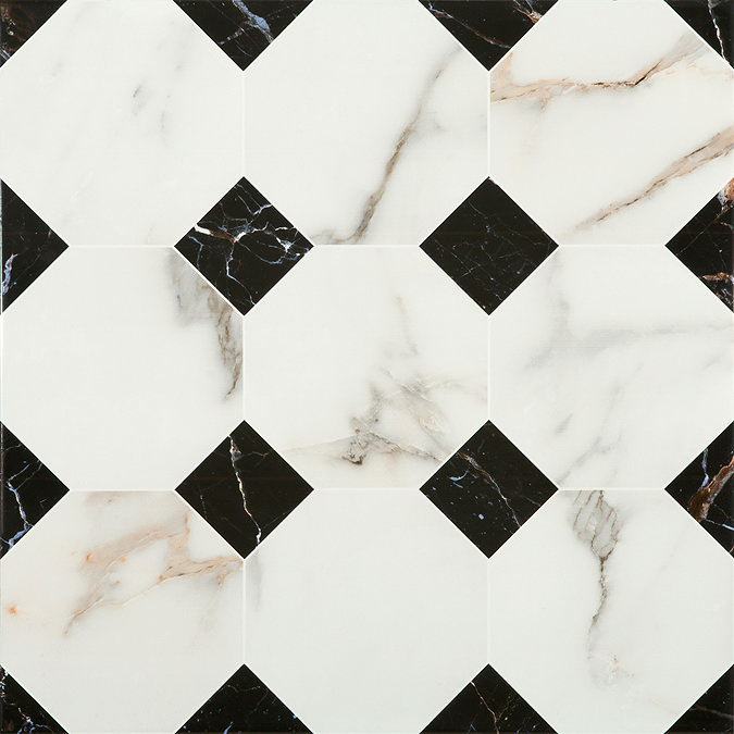 Victorian Chequered Gloss White Marble Effect Floor Tile - 600 x 600mm Large Image