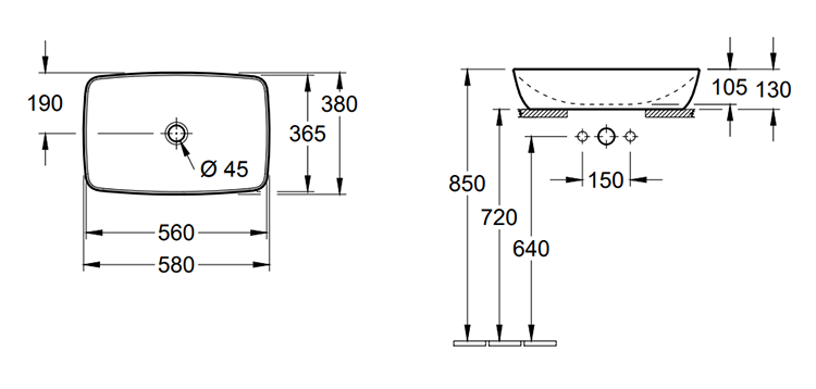 Villeroy and Boch Artis 580 x 380mm Rectangular Countertop Basin