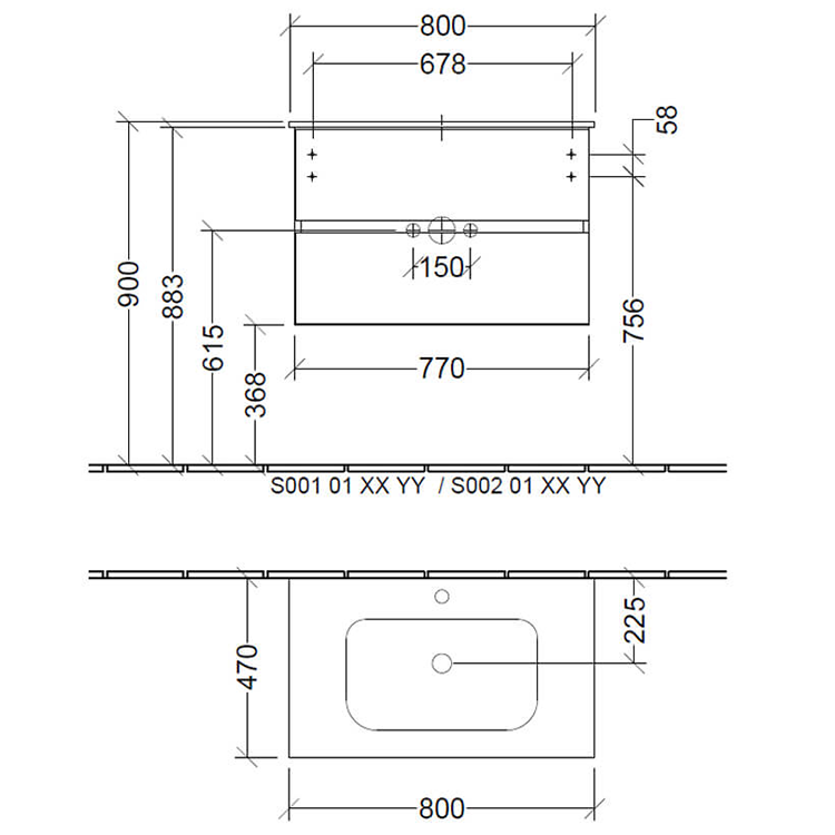 Villeroy and Boch Arto Satin Grey 800mm Wall Hung 2-Drawer Vanity Unit