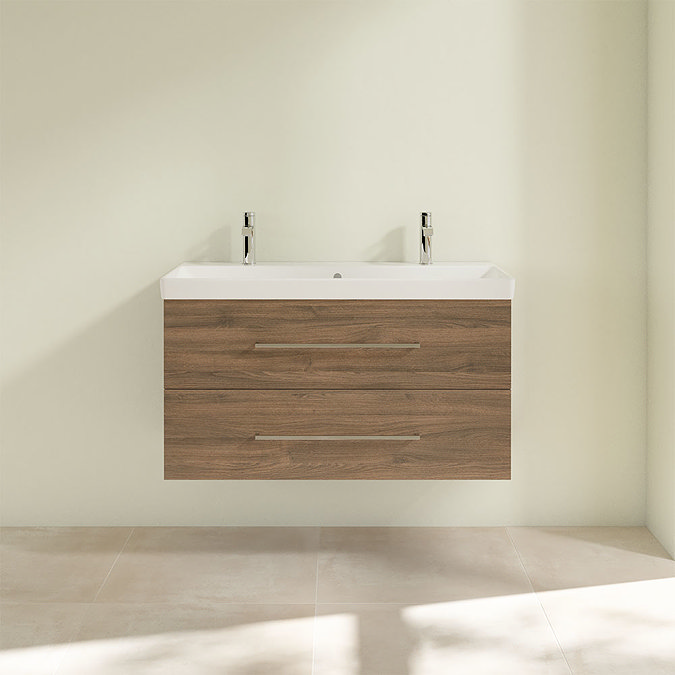 Villeroy and Boch Avento Arizona Oak 1000mm Wall Hung 2-Drawer Double Vanity Unit Feature Large Ima