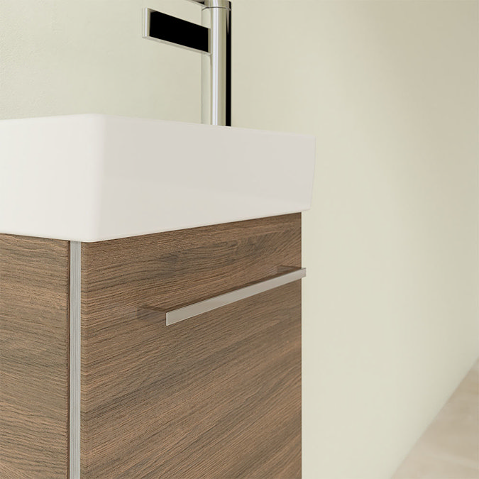 Villeroy and Boch Avento Arizona Oak 360mm Wall Hung Vanity Unit with Left Bowl Basin In Bathroom L
