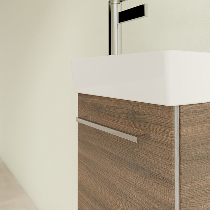 Villeroy and Boch Avento Arizona Oak 360mm Wall Hung Vanity Unit with Right Bowl Basin In Bathroom