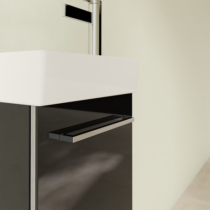 Villeroy and Boch Avento Crystal Black 360mm Wall Hung Vanity Unit with Left Bowl Basin In Bathroom