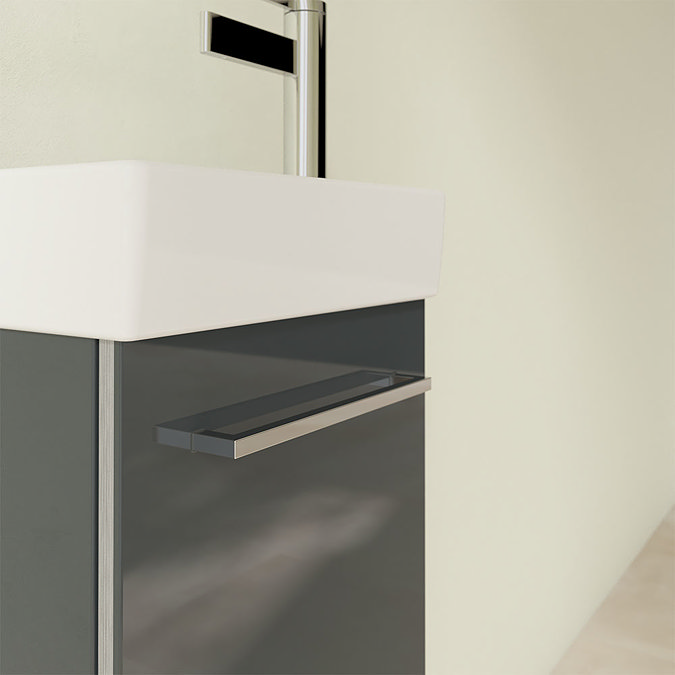 Villeroy and Boch Avento Crystal Grey 360mm Wall Hung Vanity Unit with Left Bowl Basin In Bathroom