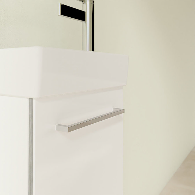 Villeroy and Boch Avento Crystal White 360mm Wall Hung Vanity Unit with Left Bowl Basin In Bathroom