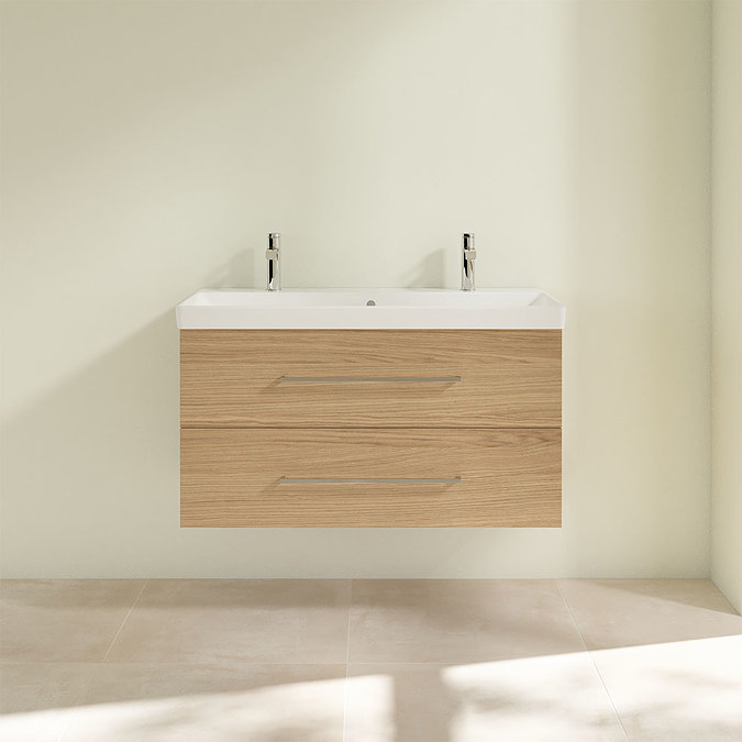 Villeroy and Boch Avento Nordic Oak 1000mm Wall Hung 2-Drawer Double Vanity Unit Feature Large Imag