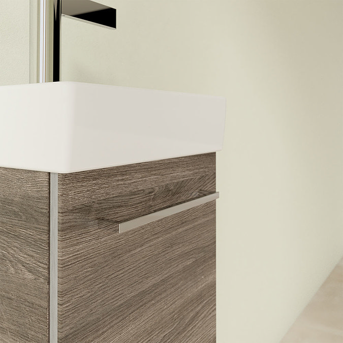 Villeroy and Boch Avento Stone Oak 360mm Wall Hung Vanity Unit with Right Bowl Basin In Bathroom La