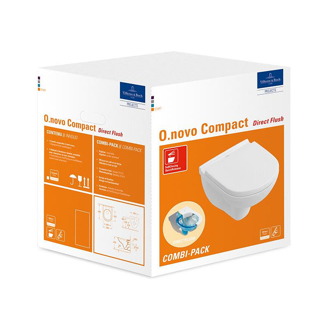 Villeroy and Boch O.novo Compact DirectFlush Rimless Wall Hung Toilet + Soft Close Seat - 5688HR01  