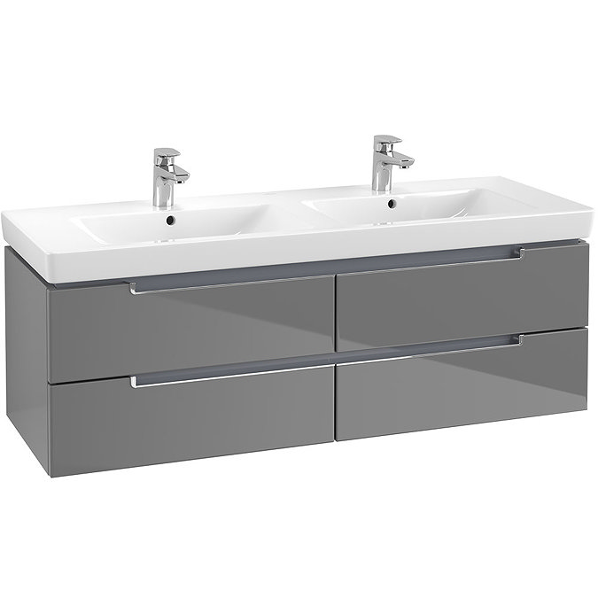 Villeroy and Boch Subway 2.0 Glossy Grey 1300mm Wall Hung Double Basin Vanity Unit Large Image