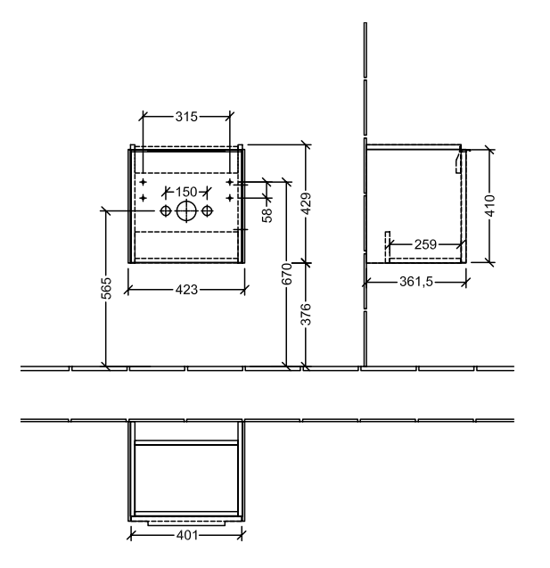 Villeroy and Boch Subway 3.0 Graphite 450mm Wall Hung 1-Door Vanity Unit