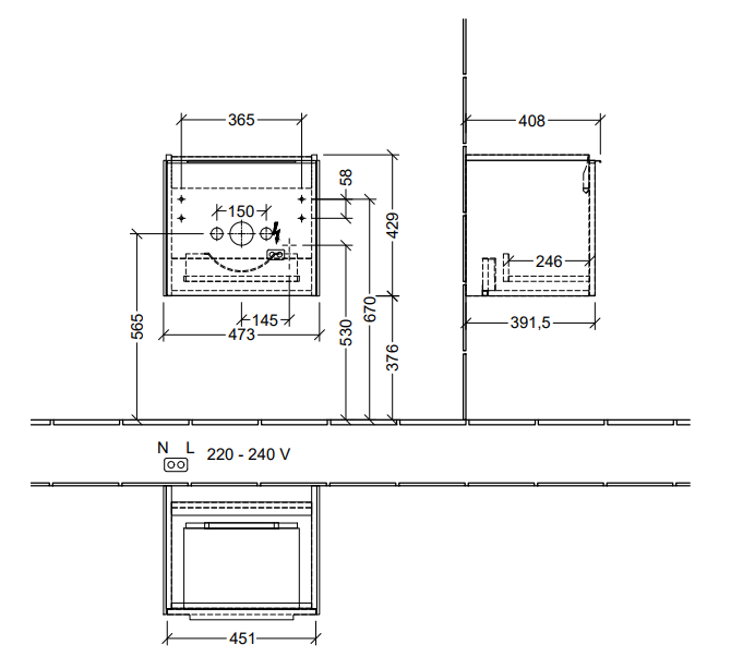 Villeroy and Boch Subway 3.0 Graphite 500mm Wall Hung 1-Drawer Vanity Unit with LED Lighting