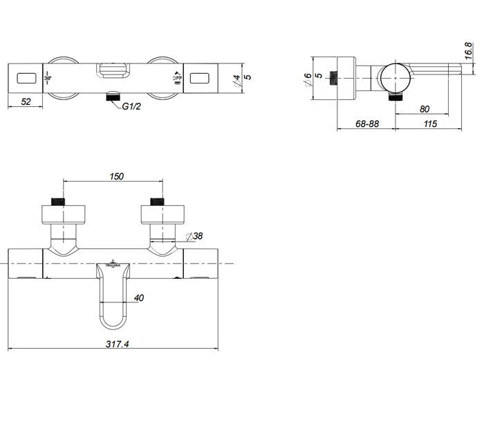 Villeroy and Boch Universal Wall Mounted Round Thermostatic Bath Shower Mixer Valve - Brushed Gold