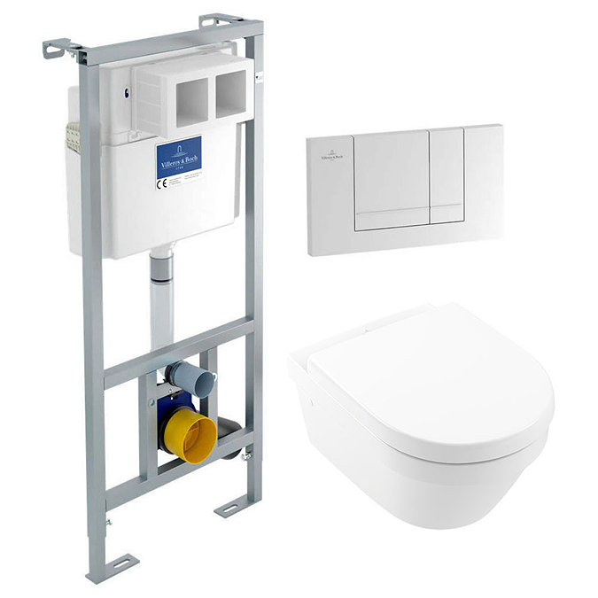 Villeroy and Boch Viconnect Pro Toilet Frame with Chrome Flush Plate + Architectura Wall Hung Toilet  In Bathroom Large Image