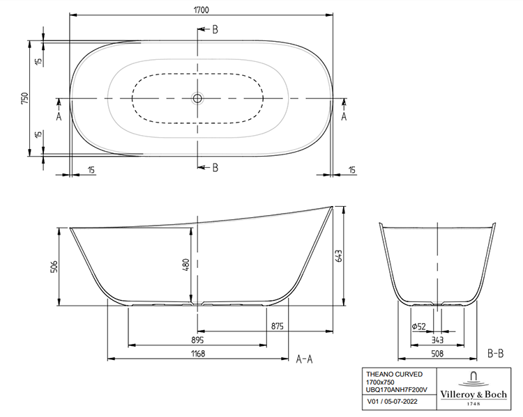 Villeroy & Boch Theano Freestanding Curved Bathtub 1700 x 750mm