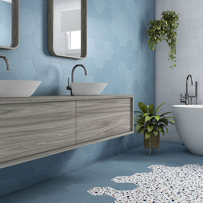 Vista Ocean Blue Hexagon Porcelain Wall + Floor Tiles - (Pack of 27) - 215 x 250mm  In Bathroom Larg