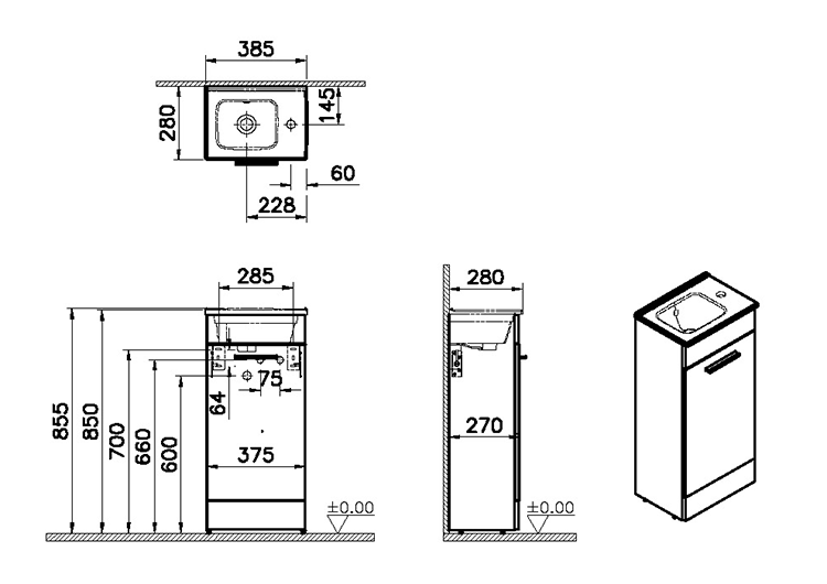 VitrA Evi Gloss White 400mm Compact Floor Standing 1-Door Vanity Unit