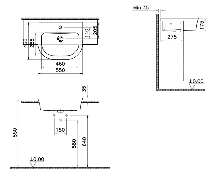 VitrA Evi Semi-Recessed 550mm Compact Washbasin - 1 Tap Hole