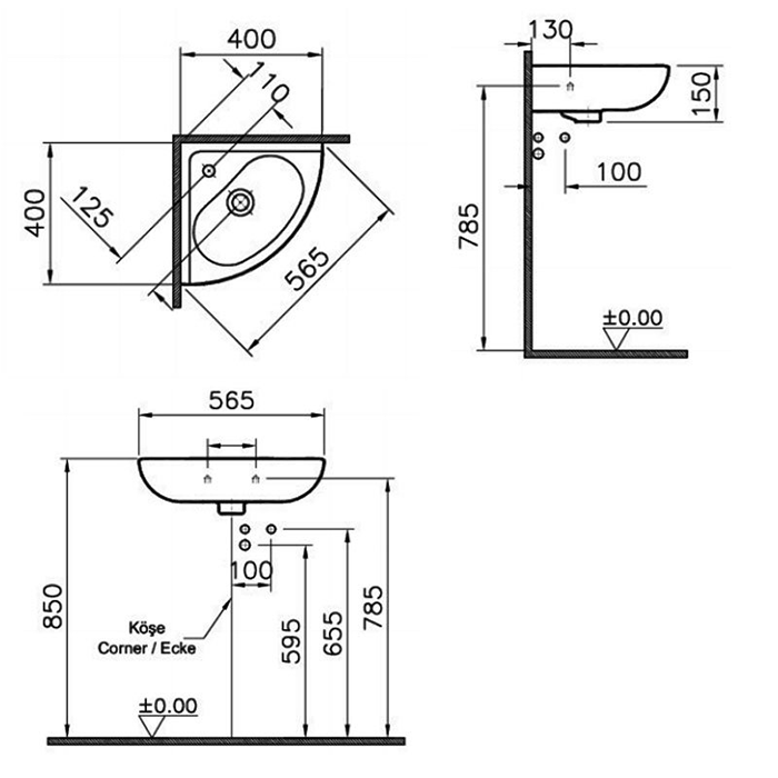 VitrA Arkitekt 565mm Corner Basin 2TH