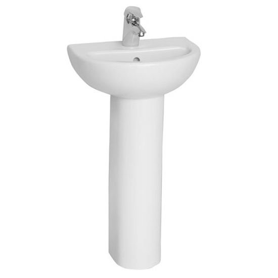 Vitra Layton Cloakroom Basin and Pedestal 2 Tap Hole 2 Size Options at Victorian Plumbing UK
