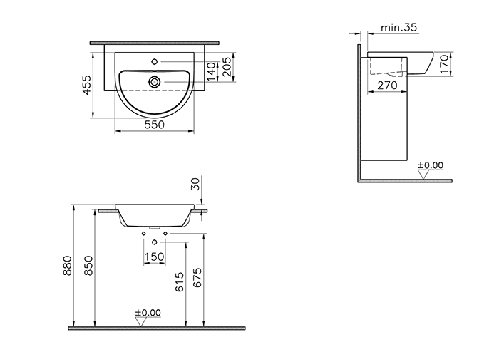 VitrA S50 Round Semi-Recessed Basin 1TH Code: 8337B003-2276