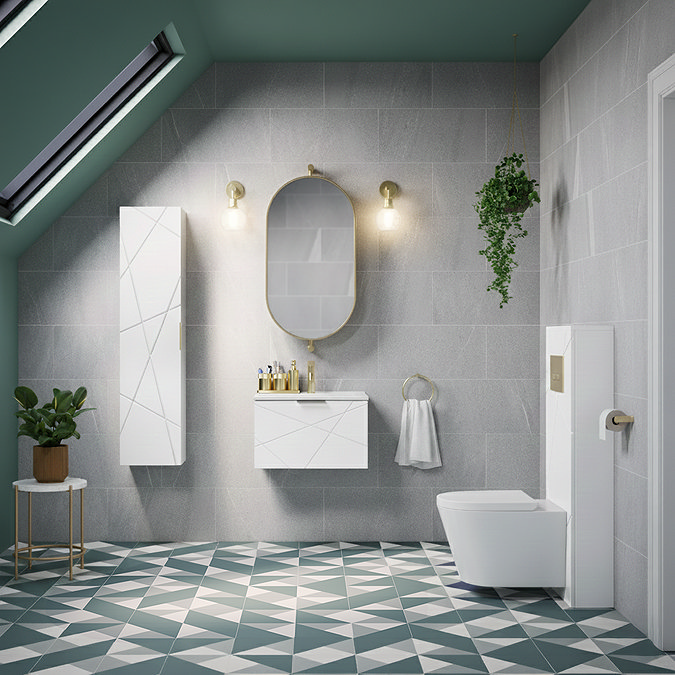 Voyage Tall WC Toilet Unit with Concealed Cistern Frame, Wall Hung Pan & Brushed Brass Flush Plate - Arctic White