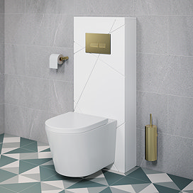 Voyage Tall WC Toilet Unit with Concealed Cistern Frame, Wall Hung Pan & Brushed Brass Flush Plate - Arctic White