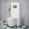 Voyage Tall WC Toilet Unit with Concealed Cistern Frame, Wall Hung Pan & Brushed Brass Flush Plate - Arctic White