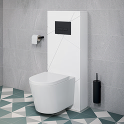 Voyage Tall WC Toilet Unit with Concealed Cistern Frame, Wall Hung Pan & Matt Black Flush Plate - Arctic White