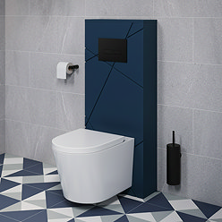 Voyage Tall WC Toilet Unit with Concealed Cistern Frame, Wall Hung Pan & Matt Black Flush Plate - Indigo Blue