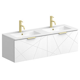 Voyage Wall Hung Double Basin Vanity - 1200mm Arctic White with Brushed Brass Handles