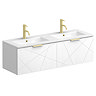 Voyage Wall Hung Double Basin Vanity - 1200mm Arctic White with Brushed Brass Handles