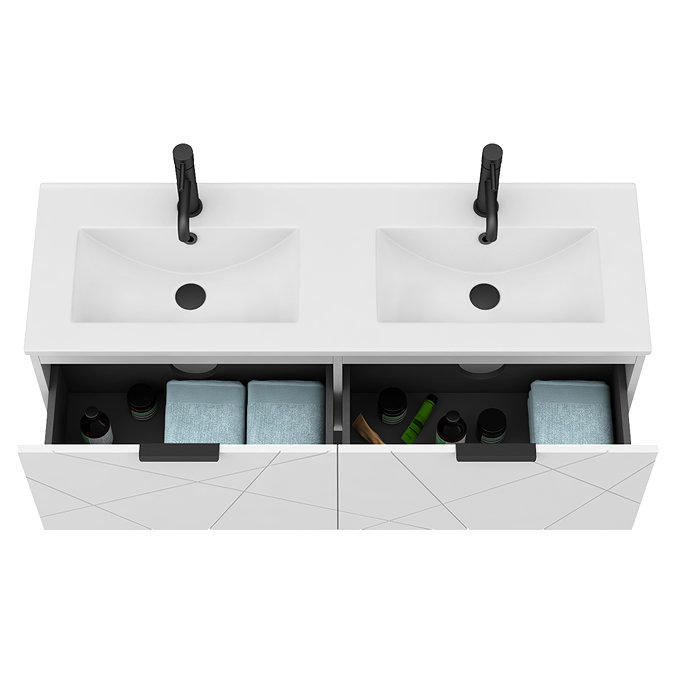 Voyage Wall Hung Double Basin Vanity - 1200mm Arctic White with Matt Black Handles