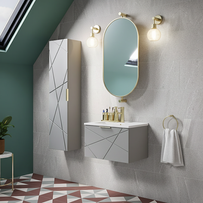 Voyage Wall Hung Vanity - 600mm Cool Grey with Brushed Brass Handle