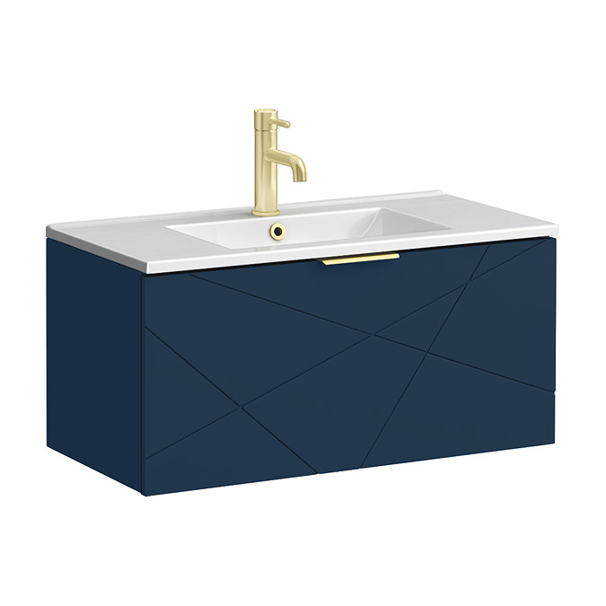 Voyage Wall Hung Vanity - 800mm Indigo Blue with Brushed Brass Handle