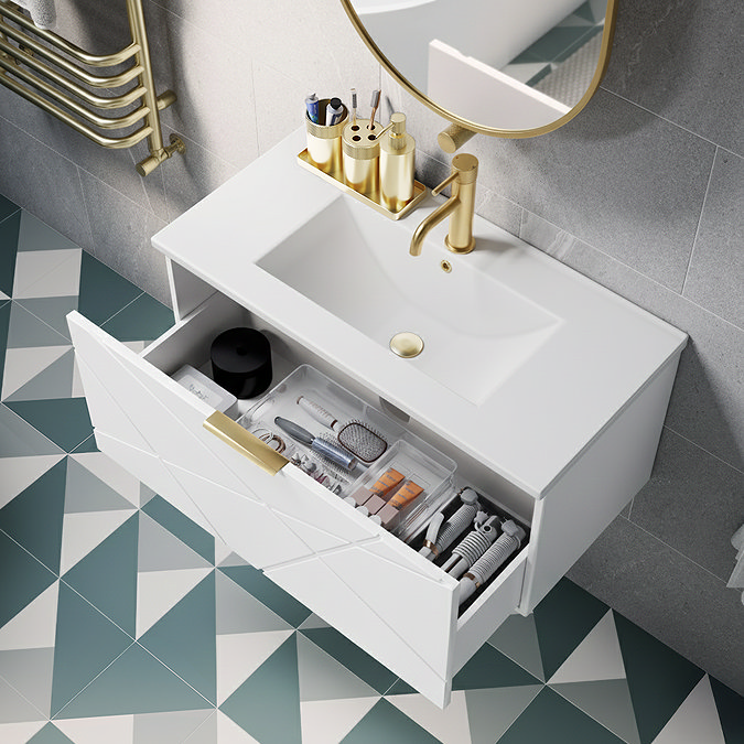 Voyage Wall Hung Vanity - 800mm Arctic White with Brushed Brass Handle