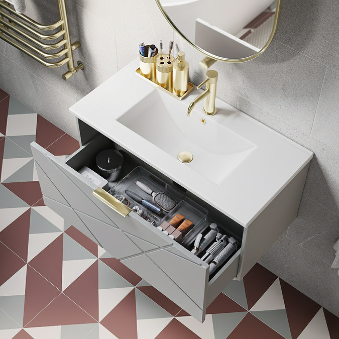 Voyage Wall Hung Vanity - 800mm Cool Grey with Brushed Brass Handle