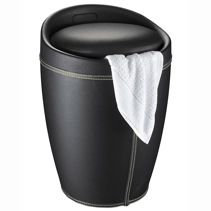 Wenko - Candy Leather Look Laundry Bin & Bathroom Stool - Black - 21774100 Profile Large Image