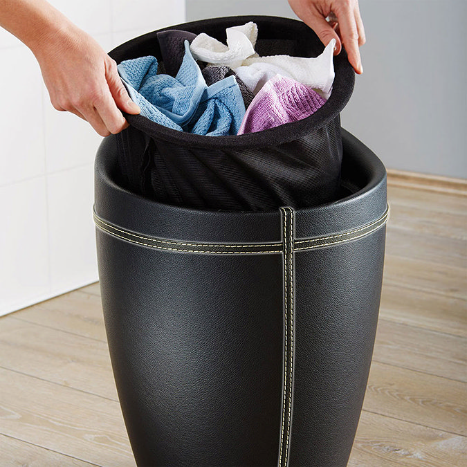 Wenko - Candy Leather Look Laundry Bin & Bathroom Stool - Black - 21774100 Standard Large Image