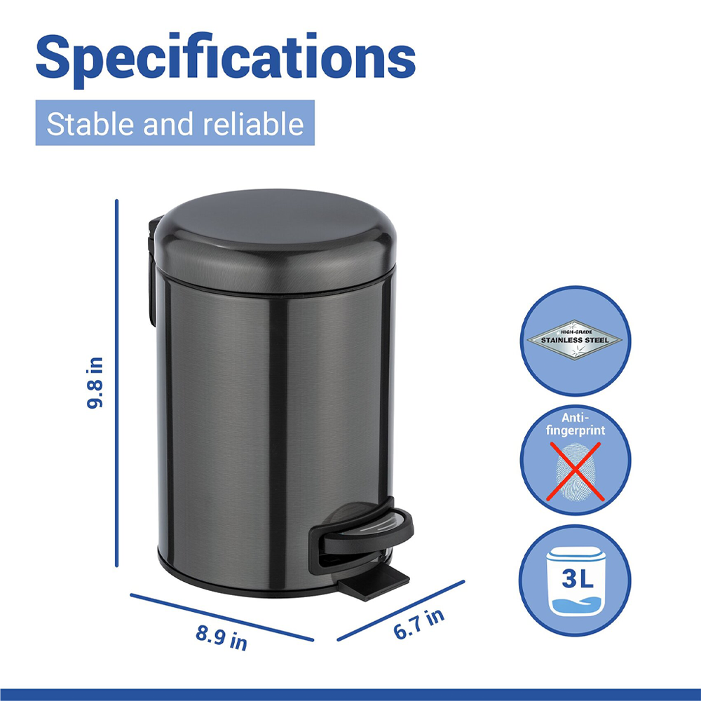 Wenko Leman 3 Litre Pedal Bin - Metallic Black