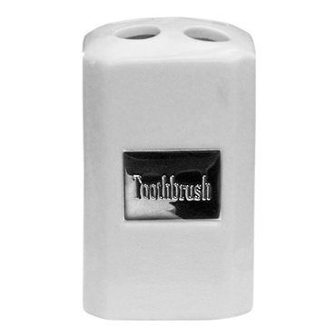 White Ceramic Square Toothbrush Holder w/ Stainless Steel Nameplate - 1601211 Profile Large Image