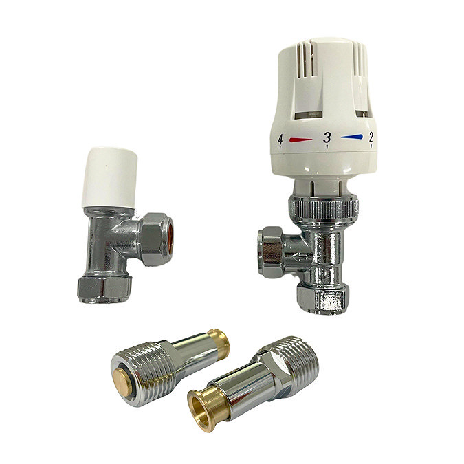 White Thermostatic Radiator Valves with Shut-Off - 15mm Angled TRV