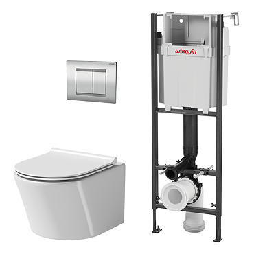 Wirquin Initio 1m Wall Hung WC Frame Inc. Chrome Plate + Toilet with Slim Soft Close Seat